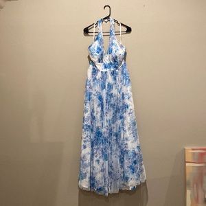 blue floral glittery floor length prom dress, size 15